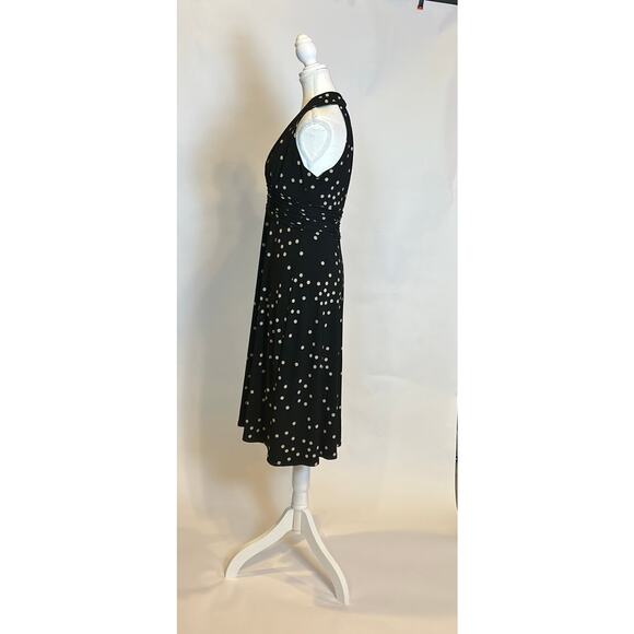 Evan Picone | Vintage Black Polka Dot Jersey Fit and Flare Midi Dress | 8 - Picture 10 of 17